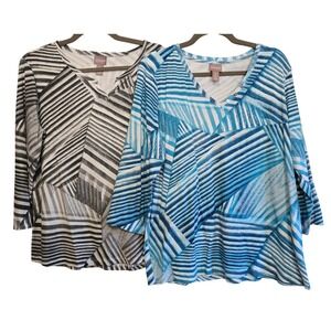 Chicos Set of 2 Geometric Abstract V-Neck 3/4 Sleeve Top Teal Black White 3/XL